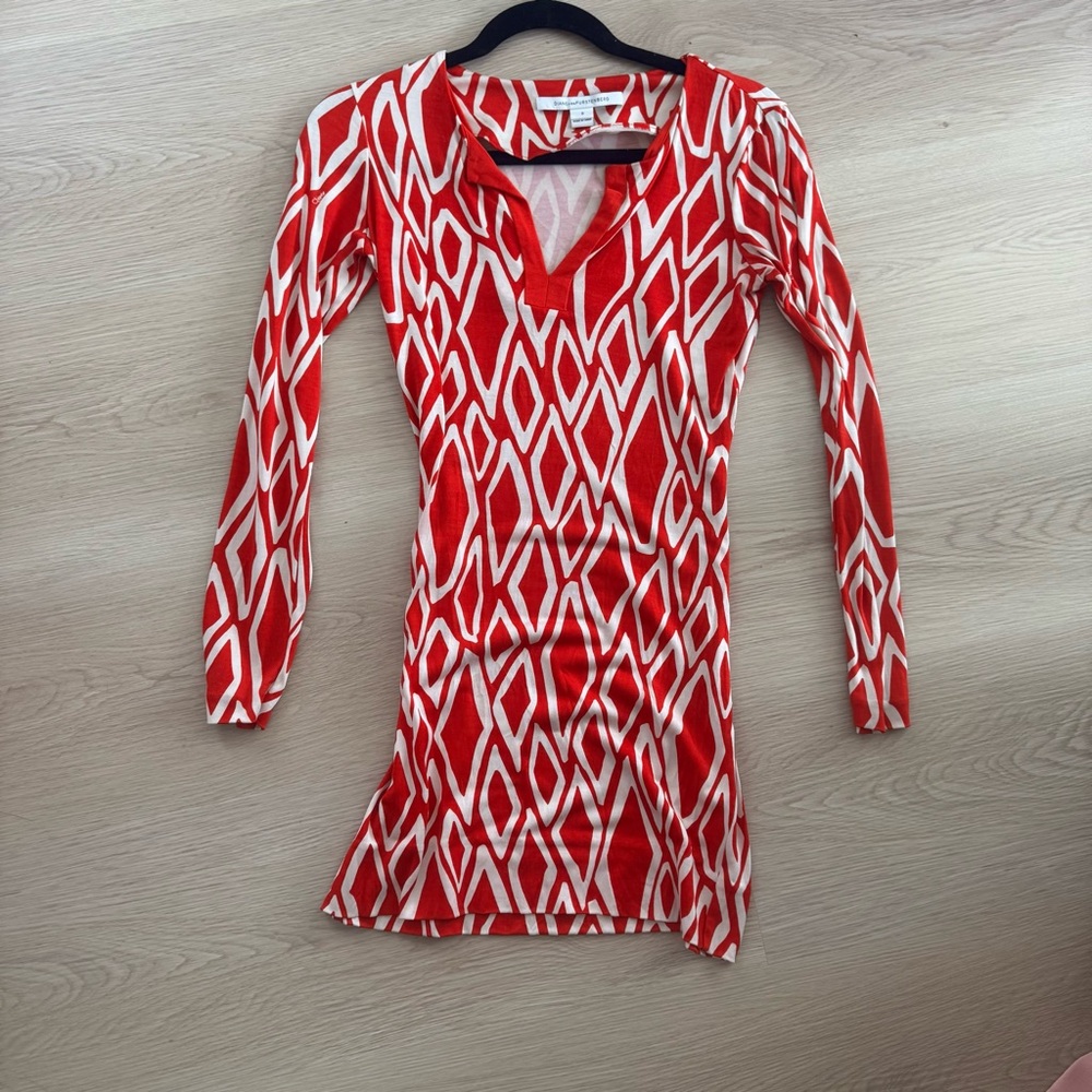 Diane Von Furstenberg orange and White Geometric Long Sleeve Dress